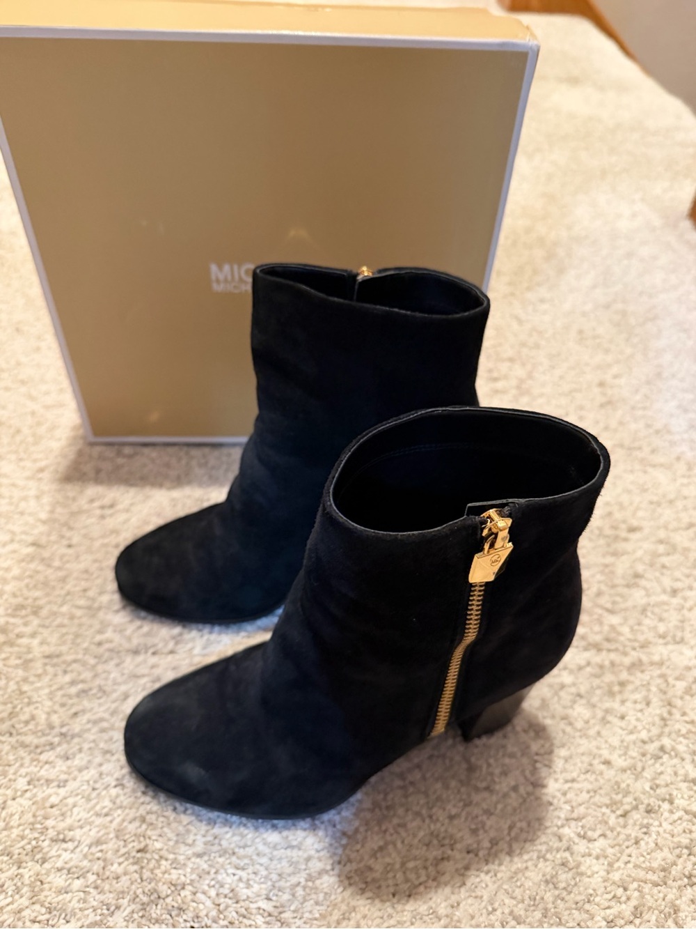 Michael Kors Black Frenchie Suede Ankle Booties with Gold Zip Accent (7.5)